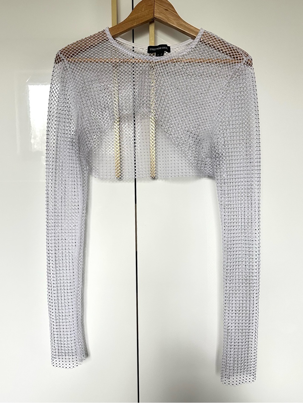 Mesh Rhinestone Cropped Top - Silver medium